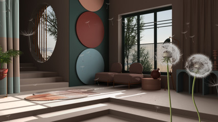 Fluffy airy dandelion with blowing seeds spores over pastel colors and metaphysical abstract object for living room. Interior design idea. Change, growth, movement and freedom concept