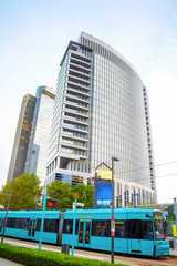 Business district, tram, skyscrapers, Frankfurt