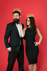 Who is big boss here. Couple in love wear big boss crowns. Big boss man. Big boss woman. Ambitious and successful. Glory and triumph. Success in business. Never stop dreaming