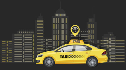 Taxi car. City background. Ordering taxi. Poster with city transport. City silhouette with skyscrapers and towers. Taxi branding mockup. Vector illustration.