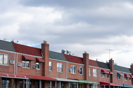 Row Of Old Brick Homes In Jackson Heights Queens New York