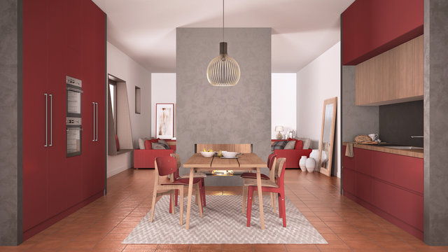 Cosy red and wooden kitchen with dining table and chairs, concrete modern fireplace and walls, living room with sofa, terracotta tile floors, contemporary interior design