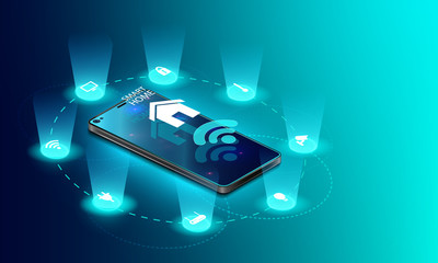 Fototapeta premium Smart home controlled smartphone. Internet of things technology of home automation system. Small house standing on screen mobile phone and wireless connections with icons home electronics devices. iot