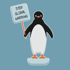 Stop global warming penguin at melting iceberg, vector