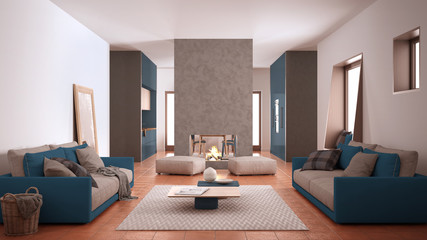 Cosy blue and beige living room with sofa, carpet, table and pouf, concrete modern fireplace and walls, kitchen with table, terracotta tile floors, contemporary interior design