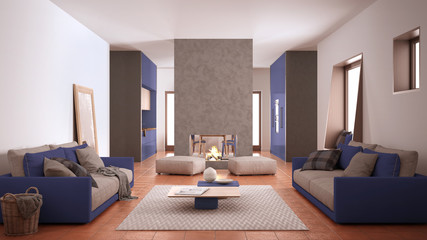 Cosy purple and beige living room with sofa, carpet, table and pouf, concrete modern fireplace and walls, kitchen with table, terracotta tile floors, contemporary interior design