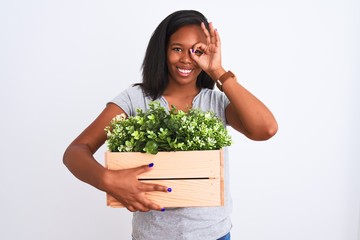 Young african american woman holding wooden pot with plants over isolated background with happy face smiling doing ok sign with hand on eye looking through fingers