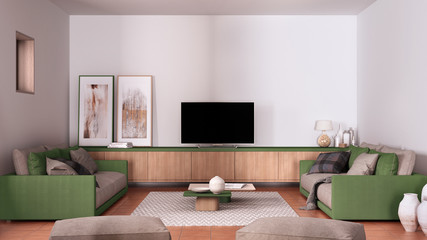 Cosy green and beige living room with sofa and pillows, carpet, lounge, coffee table, blanket, pouf and decors, tv cabinet, terracotta tile floors, contemporary interior design
