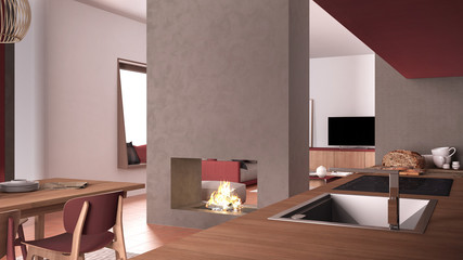Cosy red and wooden kitchen with dining table and chairs, concrete modern fireplace and walls, living room with sofa, terracotta tile floors, contemporary interior design