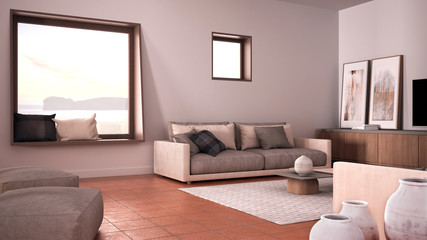 Cosy dove gray and beige living room with sofa and pillows, lounge, carpet, coffee table, pouf and decors, panoramic window, terracotta tile floors, contemporary interior design