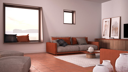 Cosy orange and beige living room with sofa and pillows, lounge, carpet, coffee table, pouf and decors, panoramic window, terracotta tile floors, contemporary interior design