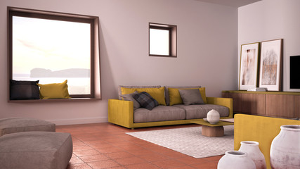 Fototapeta na wymiar Cosy yellow and beige living room with sofa and pillows, lounge, carpet, coffee table, pouf and decors, panoramic window, terracotta tile floors, contemporary interior design