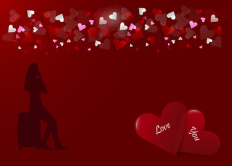 Fototapeta na wymiar Love card vector in red color with silhouette of girl sitting on suitcase is ready for your use. All is on red color gradient background. 
