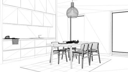 Fototapeta na wymiar Blueprint project draft, cosy kitchen with dining table and chairs, sink and faucet, cabinets, carpet and pendant lamp, big panoramic windows, contemporary interior design