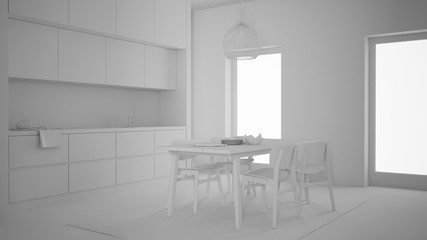 Total white project draft, cosy kitchen with dining table and chairs, sink and faucet, cabinets, carpet and pendant lamp, big panoramic windows, contemporary interior design