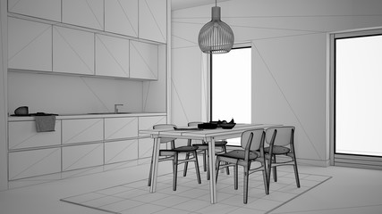 Unfinished project draft, cosy kitchen with dining table and chairs, sink and faucet, cabinets, carpet and pendant lamp, big panoramic windows, contemporary interior design