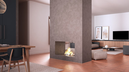 Cosy dark gray and beige living room with sofa, carpet, table and pouf, concrete modern fireplace, kitchen with dining table, terracotta tile floors, contemporary interior design