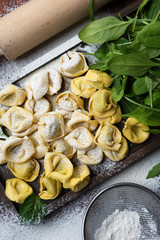 Tortellini with ricotta and spinach on a dark wooden board. Near flour and spinach leaves