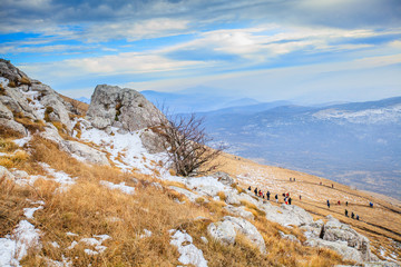 Landscape Nature Mountain Hiking Trekking  Group People Walking Outdoor Healthy Activity Winter