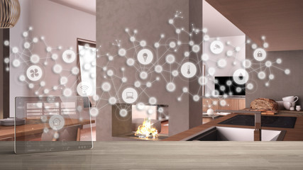 Tablet wireless with smart home app on wooden table, geometric background with connected line and...