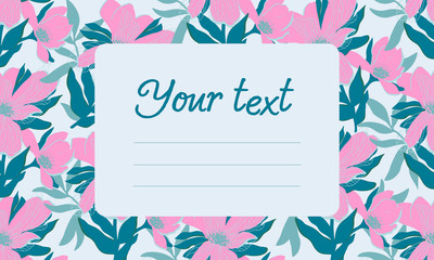Botanical postcard. Tender flower frame. Artwork on pink and green, fresh spring color. Vector illustration