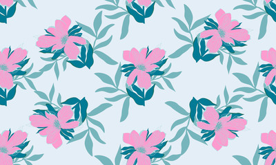 Botanical pattern. Tender pink flower on green background, fresh spring color. Vector illustration