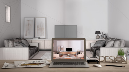 Architect designer desktop concept, laptop on wooden work desk with screen showing interior design project, blueprint draft background, cosy living room with sofa, carpet and decors