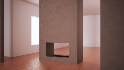 Empty room interior design, open space with white and concrete walls, terracotta tile floors, modern fireplace, cosy contemporary architecture, no people, mock-up with copy space