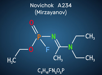 Novichok A-234 , organophosphate  nerve agent, according to Mirzayanov, C8H18FN2O2P molecule. Structural chemical formula on the dark blue background