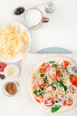 Homemade pizza, in the process of cooking, sprinkled with a lot of cheese, on the background of ingredients, eggs and tomatoes and cheese. The concept of making pizza.