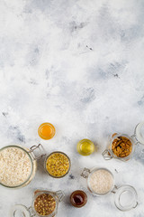 zero waste food shopping. view of open jars with naturally food eco friendly, flat lay top view copy space
