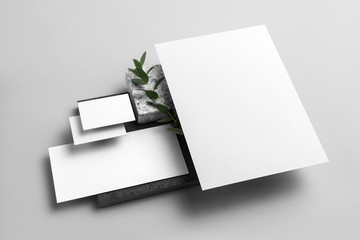 Real photo, stationery branding mockup template to place your design, isolated on light grey background, with marble, granite, gloden and floral elements.
