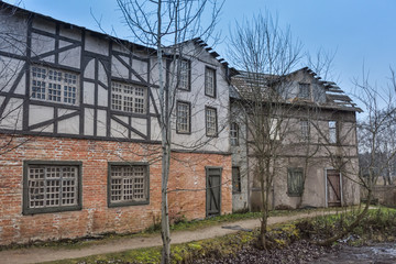 wooden medieval european house, 18th century european city building, old european-style wooden house