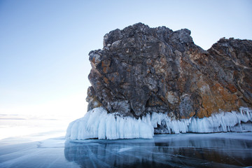 Cracks in ice. Lake Baikal, Oltrek island. Winter landscape