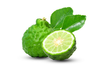 Closeup of isolated of one and a half bergamot fruit with leaf on white background.clipping path.