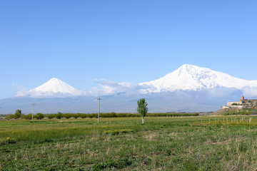Big Ararat and Small Ararat - the highest volcanic massif of Armenian Highlands in eastern Turkey. View from Armenia