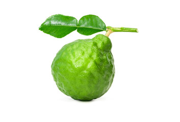 Closeup of isolated of one bergamot fruit with leaf on white background.clipping path.