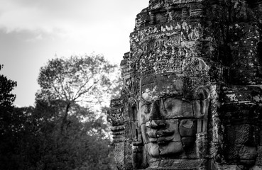 Black and white giant bayon temple god faces. Concept history document. 