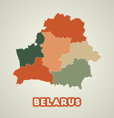 Belarus poster in retro style. Map of the country with regions in autumn color palette. Shape of Belarus with country name. Astonishing vector illustration.