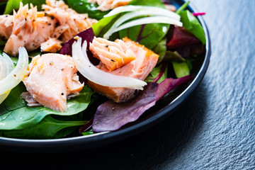 Salmon salad - roasted salmon and vegetable leaves on black stone background