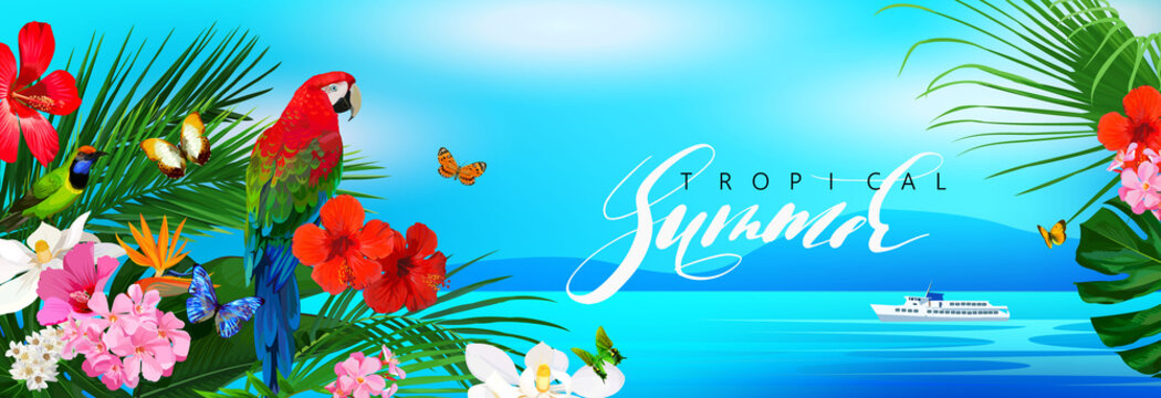 Beautiful Tropical Banner With Flowers,butterfly,parrot And Palm Leaves On Sea Background