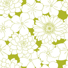 white flowers lineart seamless pattern green background