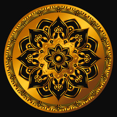 Golden mandala on a black background. Decorative round symbol, arabic motifs