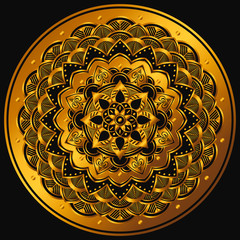 Golden mandala on a black background. Decorative round symbol, arabic motifs