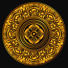Golden mandala on a black background. Decorative round symbol, arabic motifs