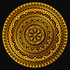 Golden mandala on a black background. Decorative round symbol, arabic motifs
