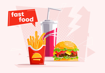 vector illustration of a classic set of fast food, a glass of soda with a straw, French fries, Burger