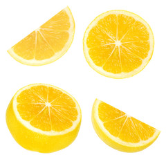 Set of yellow fresh lemon fruit slices isolated on the white background