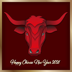 Paper art ox head on red background with yellow gold frame. Chinese zodiac sign Ox, Vector illustration for Happy New year 2021