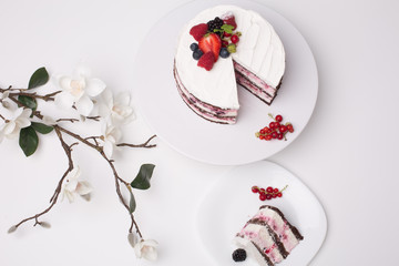 close up of conceptual fruit cake on gray background